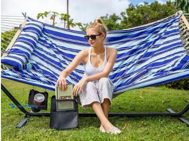 Lot 49-1630700 - 10 ft. x 12 ft. Quilted Rope Hammock and 12 ft. Steel Stand with Detachable Pillow, Blue Stripe Mode...
