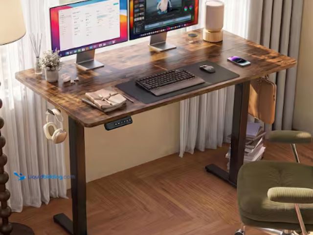 Lot 49-1636769 - 55" Wide Electric Standing Desk with Hooks and Wire Holes, Brown Wood Finish, Model # USHD-HJ918578,...