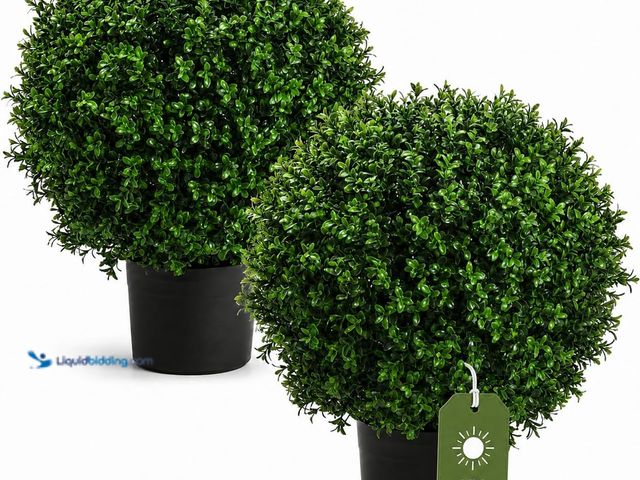Lot 49-5552517 - Artificial Topiary Trees 24 Inch, Set of 2 Faux Boxwood Plants with Real Touch Leaves, 16 Inch Wide ...