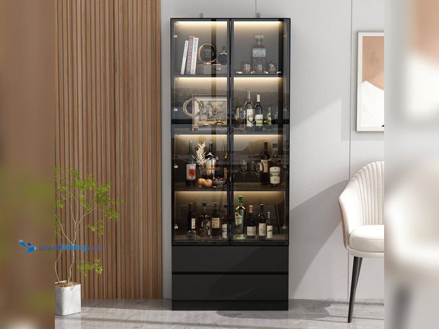 Lot 49-5552924 - FUFU&GAGA
78.7 in. Black Wooden Accent Storage Cabinet With 2-Glass Doors, Drawers, Multiple Shelve...
