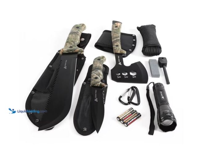 Lot 49-5551782 - Ozark Trail 12-Pack Camping Tool Set with 180-Lumen Flashlight, 10" Machete, 4.5" Hatchet, 5" Knife,...