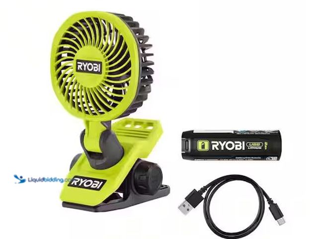 Lot 49-3472064 - RYOBI USB Lithium Clamp Fan Kit with 2.0 Ah USB Lithium Battery and Charging Cable Model # FVF51K, U...