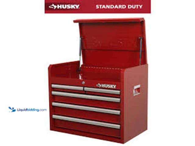 Lot 49-5479052 - Husky 26 in. W x 16 in. D 5-Drawer Red Top Tool Chest. Model # H26CH5RED Unused Has Key