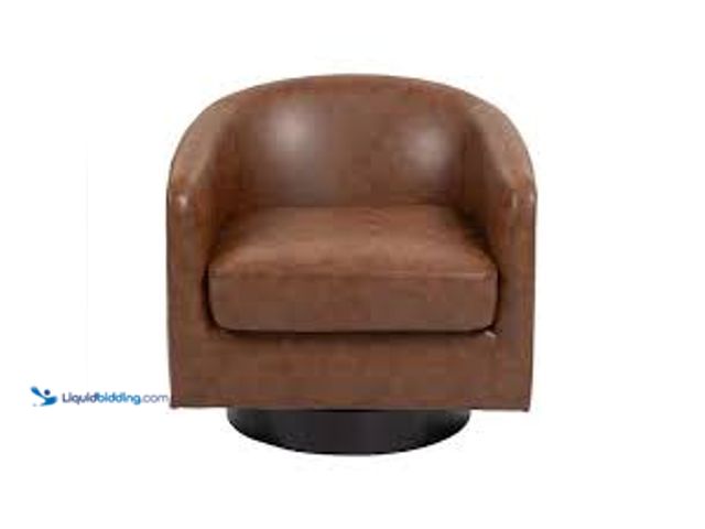 Lot 49-5483781 - Uixe Red Brown PU Leather Upholstered 360° Swivel Arm Chair With Wood Base (Set of 1). Model # FOP-C...