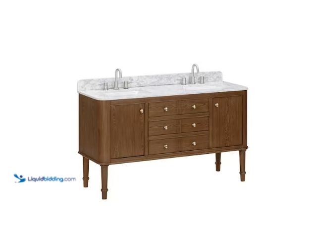 Lot 49-1566706 - Home Decorators Collection Collette 60 in. Double Sink Cinnamon Oak Bath Vanity with White Carrara M...