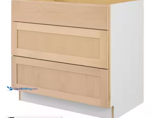 Lot 49-1572007 - Hampton Bay 36 in. W x 24 in. D x 34.5 in. H Ready to Assemble Drawer Base Kitchen Cabinet in Unfini...