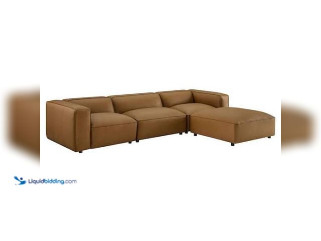 Lot 49-2020603 - MODWAY Auren 128 in. Vegan Leather 4 Piece Modular Sectional Sofa in Camel, Model # EEI-7128-CAM, MS...