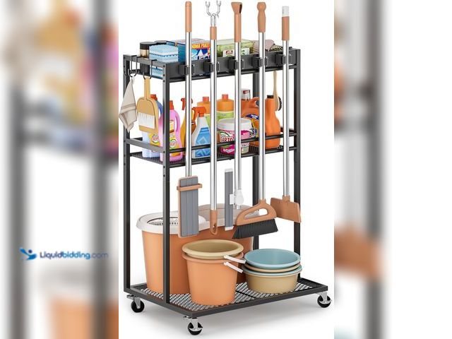 Lot 49-5487543 - Broom Holder with Cleaning Supplies Organizer, Broom Closet Storage Cabinet with Mop Hanger Gripper ...