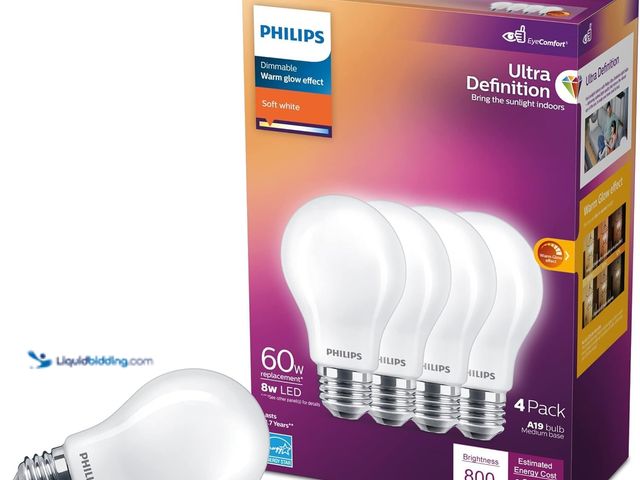 Lot 49-5538527 - QTY 2 Boxes - PHILIPS LED 60W A19 4-Pack Ultra Definition Soft White LED Light Bulbs (2700K) 800 Lum...