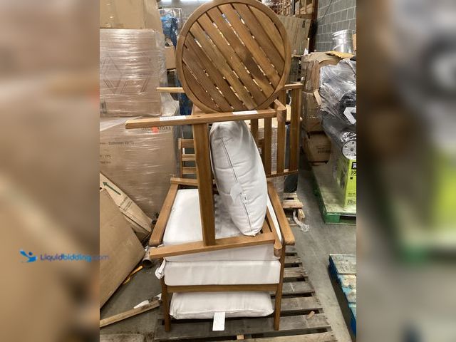 Lot 49-5551565 - Outdoor Patio Wood Chairs and Round Table with cushions, Unused with scuffs