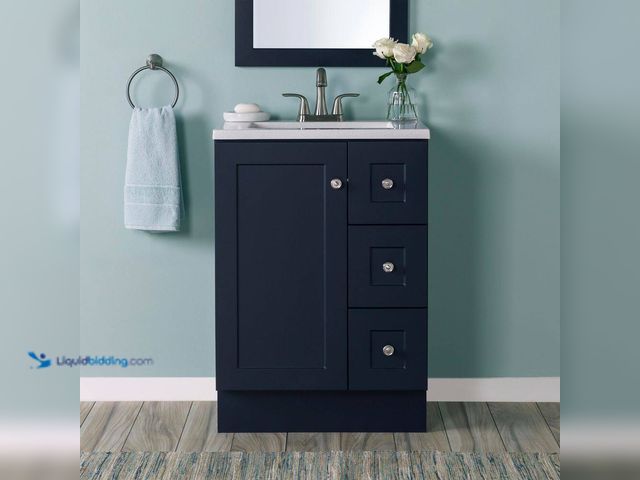 Lot 49-5552068 - Glacier Bay
Bannister 25 in. Single Sink Deep Blue Freestanding Bath Vanity with Granite-Look Color...