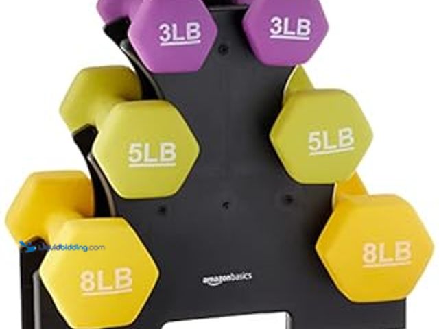 Lot 49-5411939 - Amazon Basics Neoprene Dumbbell Hand Weights, Rack with 3 Pairs (3, 5, and 8 Pounds), Purple/ Green/...