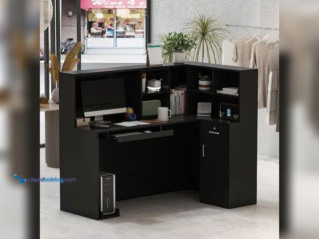 Lot 49-1577380 - FUFU&GAGA 55.9 in. L Shaped Black Wood Computer Desk with 5-Shelves Drawer and Cabinet Writing Table...