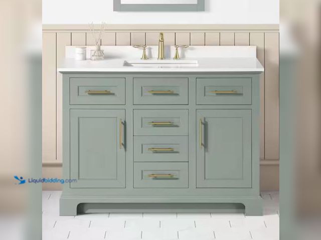 Lot 49-2005741 - Home Decorators Collection Doveton 48 in. Single Sink Freestanding Sage Green Bath Vanity with White...