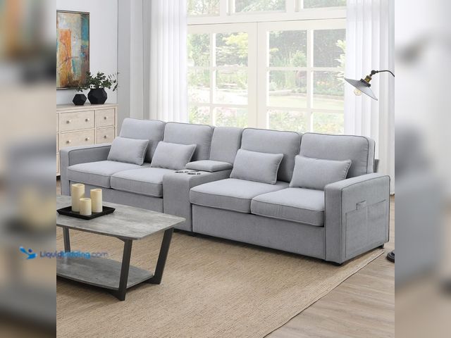 Lot 49-5477385 - 114.2" Modern Upholstered Sofa with Console – Includes 2 Cupholders & 2 USB Ports (Wired/Wireless Ch...