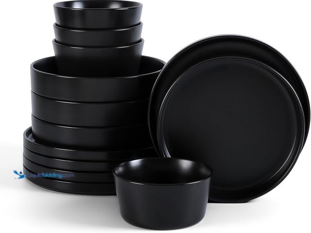 Lot 49-5406895 - Stone Lain Celina Stoneware 12-Piece Dinnerware Set, Cereal and Pasta Bowls, Black, Coupe, used, Som...