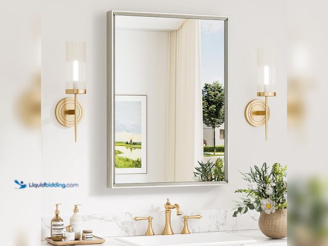 Lot 49-5546557 - Keonjinn 22 x 30 Inch Brushed Nickel Bathroom Mirrors for Over Sink, Beveled Rectangle Framed Mirror...