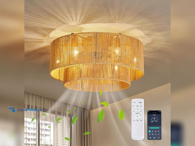 Lot 49-3528837 - Boho Ceiling Fan with Light Rattan Flush Mount Ceiling Fans with Remote Control 20 Inch Enclosed 7 S...