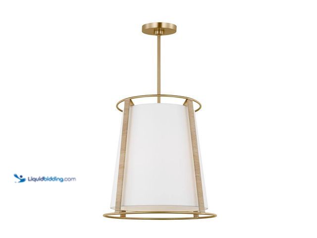 Lot 49-3616971 - 2-Light Satin Brass Statement Pendant Light with White Linen Fabric Shade - Model # DJP1002SB