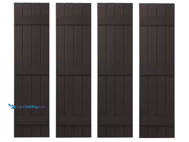Lot 49-1632161 - 4-Pcs Ply Gem 15 in. x 63 in. Polypropylene 4-Board Closed Board and Batten Shutters in Brown, Model...