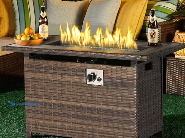 Lot 49-1519249 - Sizzim Brown 40 in. 50000 BTU Rectangular Wicker Outdoor Propane Fire Pit Table with Storage Space, ...