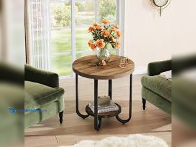 Lot 49-3538803 - BYBLIGHT Kerlin 23.62 in. Rustic Brown Round Engineered Wood End Table, 2-Tier Sofa Side Table for L...