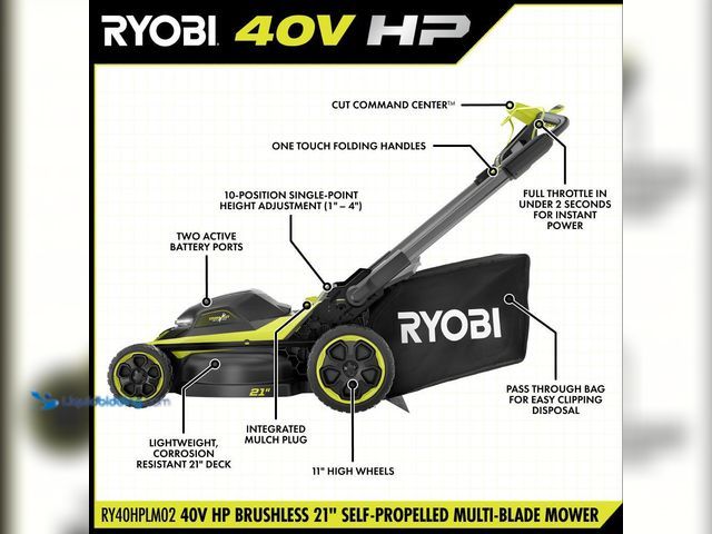 Lot 49-5433542 - RYOBI
40V HP Brushless 21 in. Cordless Battery Walk Behind Multi-Blade Self-Propelled Mower. Item i...