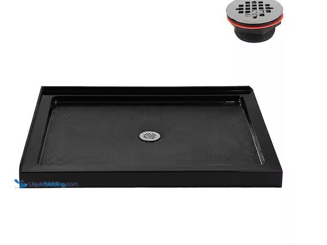 Lot 49-1568677 - Streamline 48 in. L x 36 in. W Corner Acrylic Shower Pan Base in Glossy Black with Center Drain, Dra...