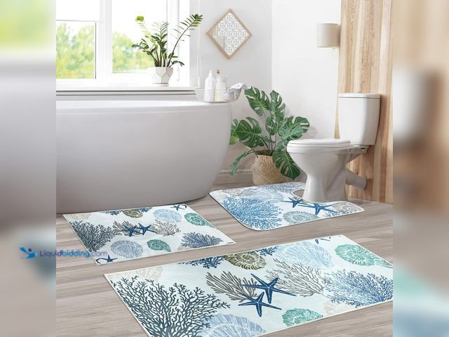 Lot 49-5447863 - Sea Life Bathroom Rugs Sets 3 Piece Blue Runner Bath Mat Set with U Shaped Toilet Rug Non Slip Washa...