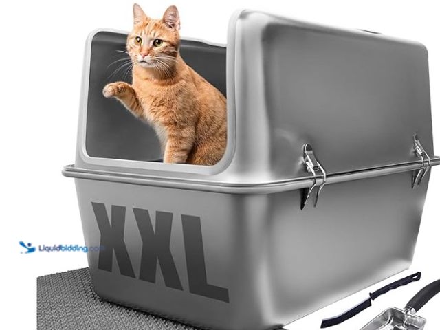 Lot 49-1527807 - Stainless Steel Litter Box with Lid 30L Capacity 16" Inch High Sides, Leak Proof Anti Tracking Pedal...