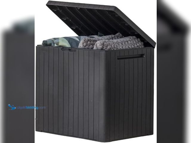 Lot 49-5556021 - Keter City 30 Gal Outdoor Storage Box and Patio Side Table | Grey, Resin, Compact, Weatherproof, Loc...