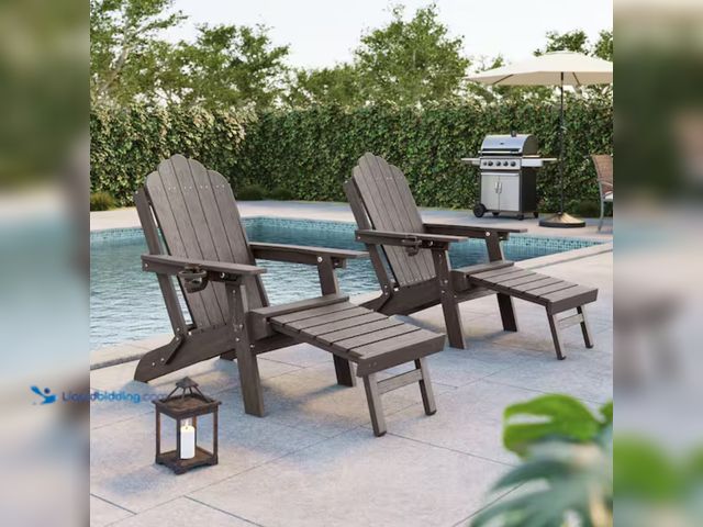 Lot 49-2000433 - Sonkuki Coffee Plastic Folding Ergonomic Adirondack Chair with Retractable Ottoman, 1-Pack, Model # ...