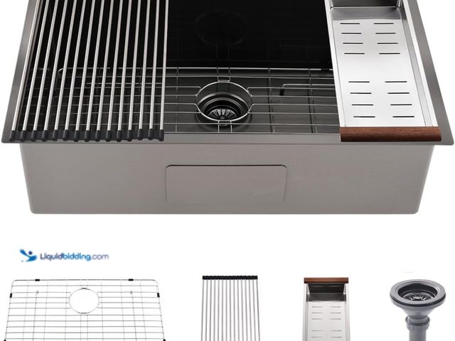 Lot 49-5410793 - 27 Inch Black Undermount Sink -Bokaiya 27x19 Undermount Kitchen Sink Deep Single Bowl Stainless Stee...