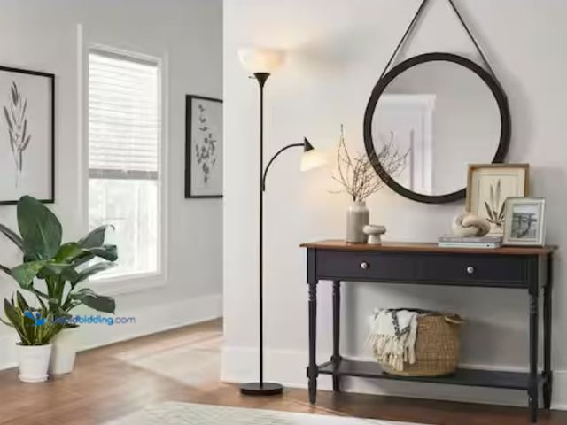 Lot 49-3614608 - Hampton Bay 70 in. Black Mother Daughter 2-Light Torchiere Floor Lamp (NOTE: Top piece has stripped ...