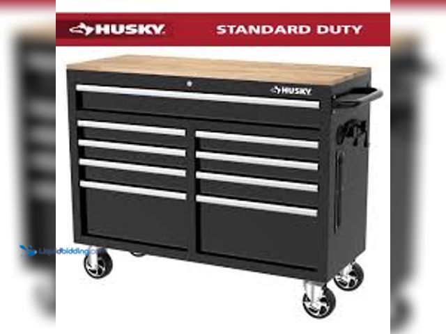 Lot 49-5479075 - Husky Tool Storage 46 in. W x 18 in. D 9-Drawer Mobile Workbench Cabinet in Gloss Black. Model # H46...