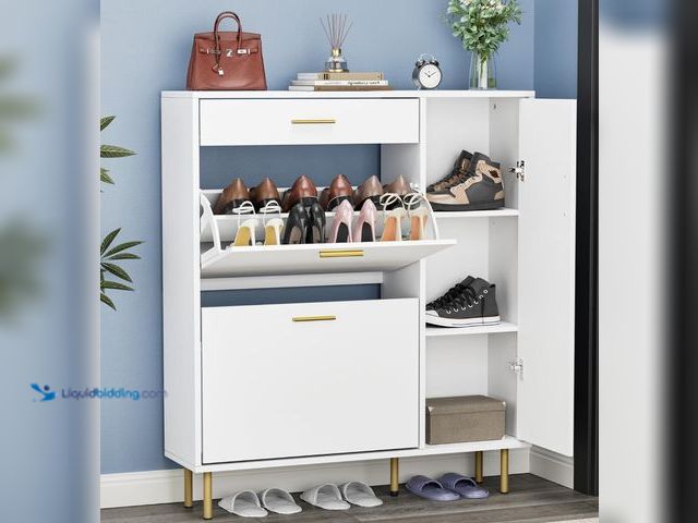 Lot 49-3465273 - Anmytek Shoe Cabinet with 2 Flip Drawers, Modern Freestanding Hidden Shoe Cabinet Organizer with Sid...