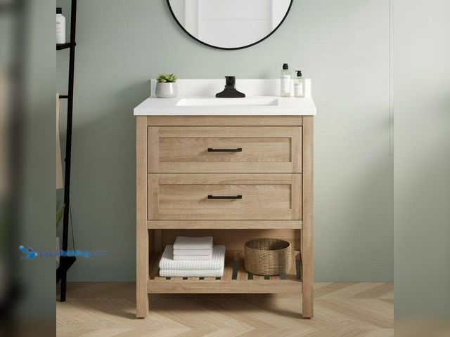 Lot 49-5512065 - Home Decorators Collection Autumn 30 in. Single Sink Weathered Tan Bath Vanity with White Engineered...
