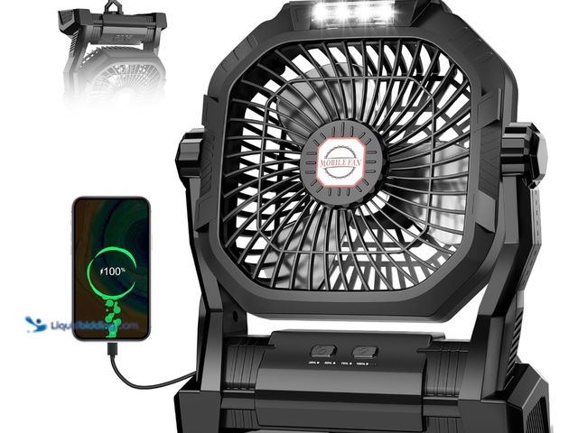 Lot 49-1538693 - Camping Fan Rechargeable, 20000mAh Battery Powered Portable Fan with LED Light & Hook, 4-Speed 270° ...