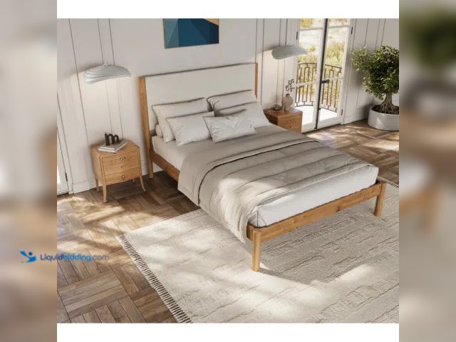 Lot 49-1630924 - Ardin Queen Size Solid Wood Bed Frame with Cream Boucle Upholstered Headboard (MSRP $1,807.00) Model...