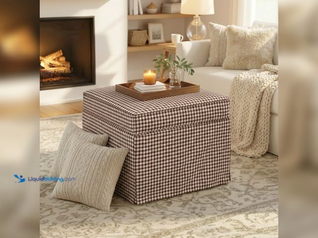 Lot 49-1636796 - My Texas House Alamo Large Skirted Ottoman Foot Stool, Gingham Check - Model #18972951435, Unused  R...
