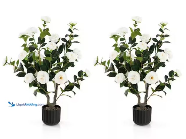 Lot 49-2000927 - Set of (2) Gymax 38 in. White Artificial Camellia Tree Topiary Faux Floral Plant Fake Tree for Decor...