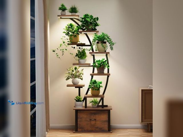 Lot 49-1516420 - 10-Tier Tall Plant Stand Indoor with Grow Lights, 65" Corner Plant Shelf with Storage Drawer, Metal ...