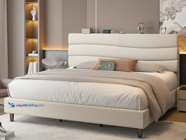 Lot 49-1555609 - EnHomee 880LBS Bed Frame with Headboard, Upholstered Fabric, Charging Cradle & No Noise - King:85"L ...