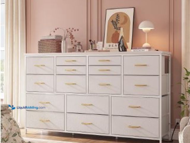 Lot 49-1553952 - EnHomee Wide Dresser with 16 Drawers TV Stand with Power Outlet White Dresser for Bedroom Fabric Dre...
