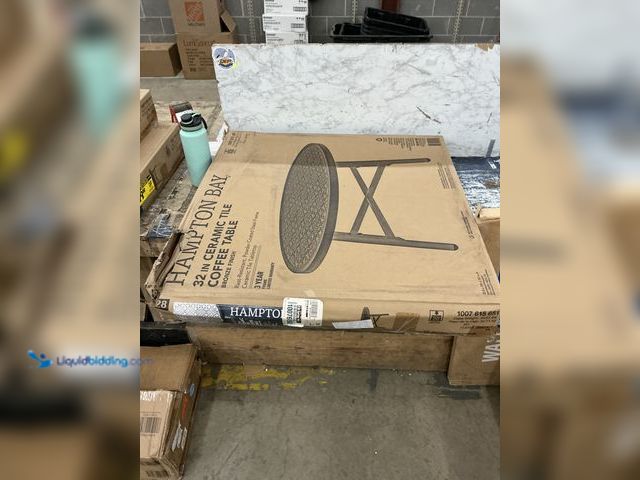 Lot 49-5509821 - Hampton Bay 32" Round Metal Outdoor Coffee Table with Ceramic Tile Top. Model # 735.2380.00, Unused,...