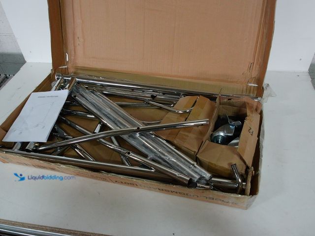 Lot 49-3480424 - Rolling Clothes Rack with Hooks, Silver Metal, Model # USGMSRARC190TY, Slightly used, Possibly missi...