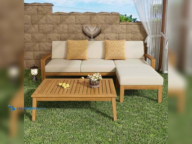 Lot 49-5549595 - 5-Piece L-Shaped Acacia Wood Sectional Patio Sofa Set with Ottoman and Coffee Table-Durable Hardwood...