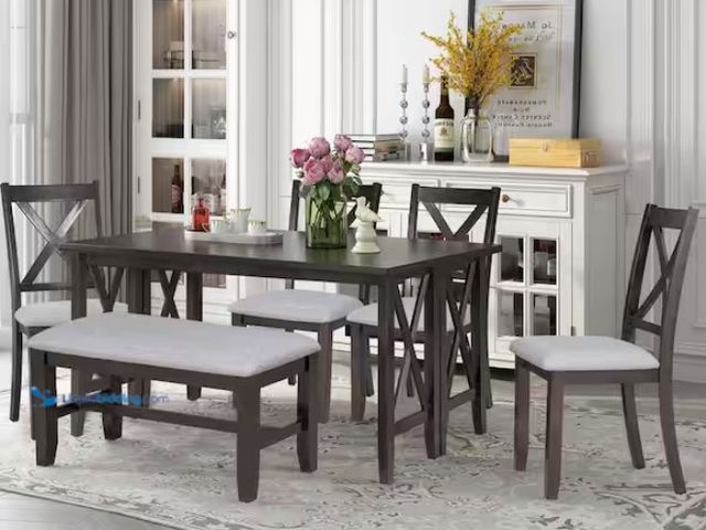 Lot 49-1570132 - (6-Piece) Harper & Bright Designs Morden Style Wood Top Espresso Foldable Table Dining Room Set with...