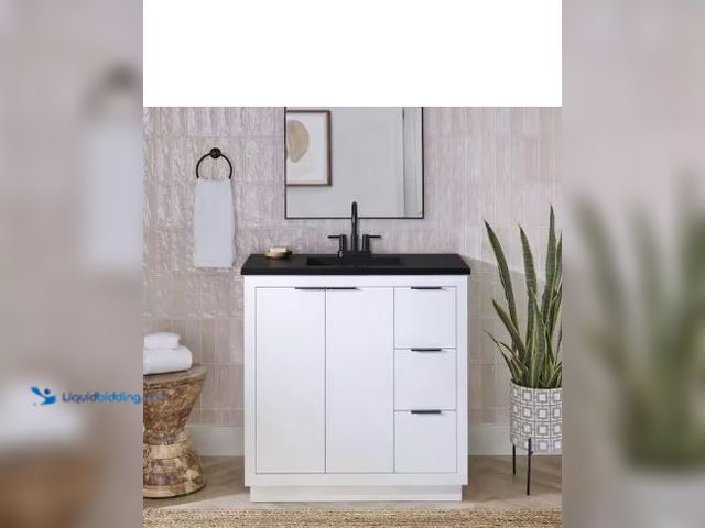 Lot 49-5436432 - Glacier Bay Harlock 37 in. Single Sink White Bath Vanity with Black Cultured Marble Top (Assembled)....
