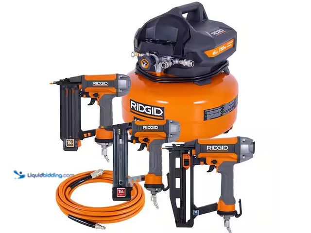 Lot 49-3600354 - RIDGID 6 Gal. 150 PSI Electric Air Compressor with 25 ft. Hose, 18GA Brad Nailer, 16GA Finish Nailer...